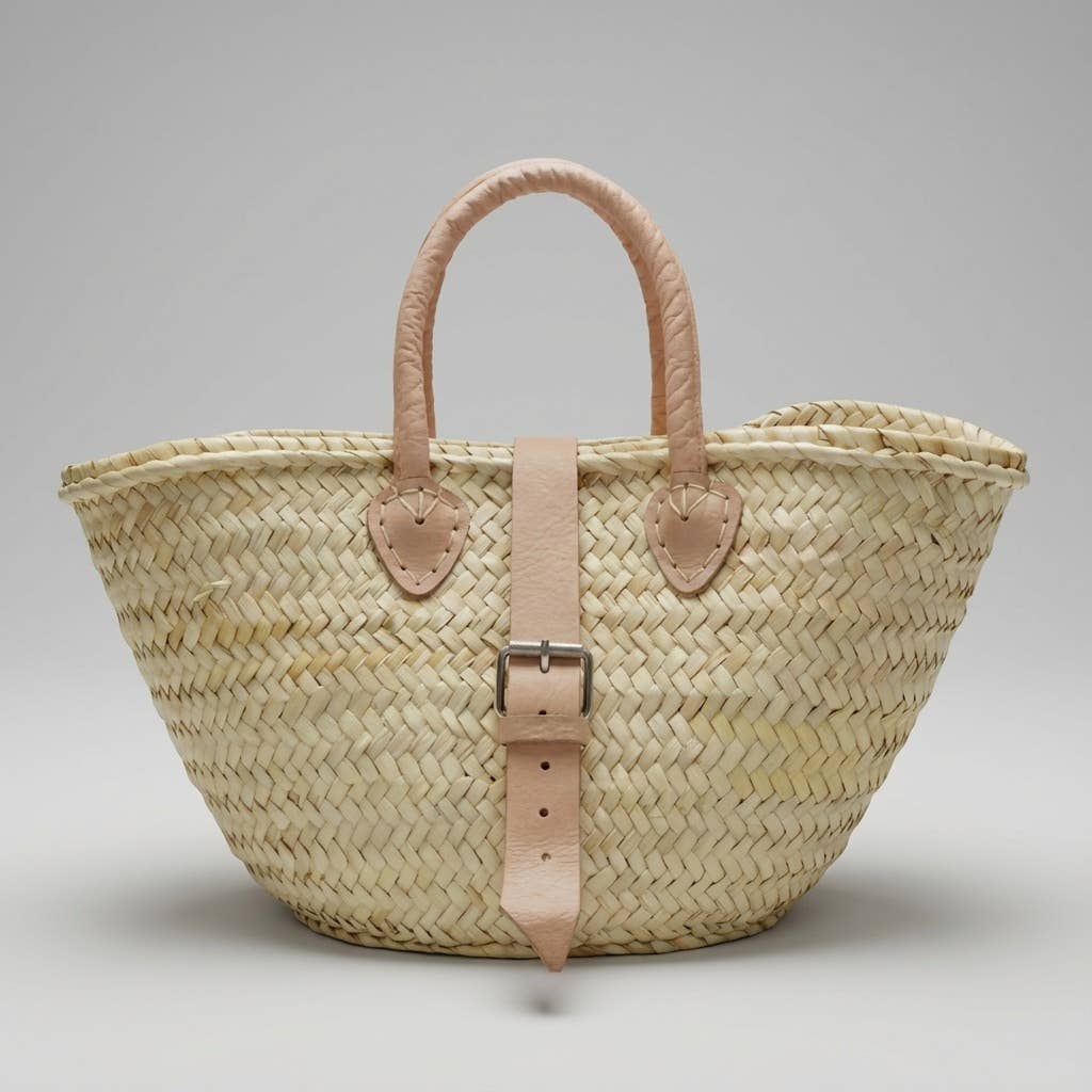French Market Basket Leather Buckle Straw Bag