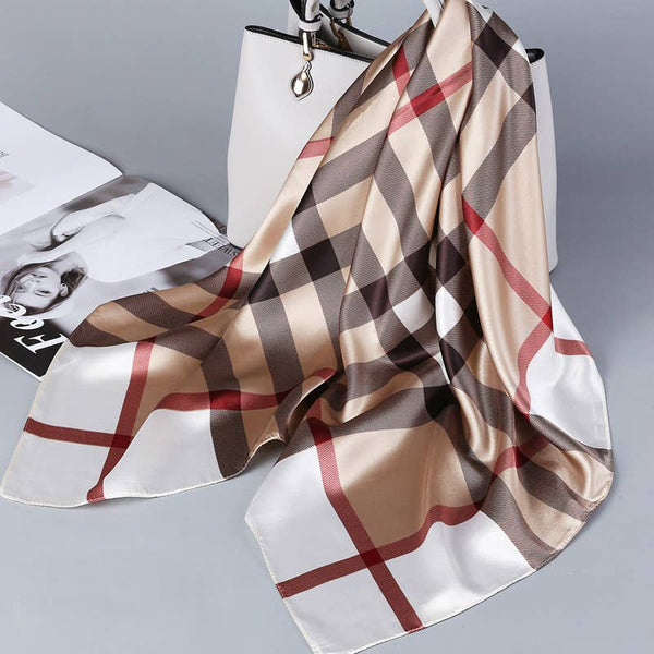 Check print square silky neck scarf