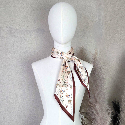 Delicate flowers print silk feel scarf with ribbon finished edge