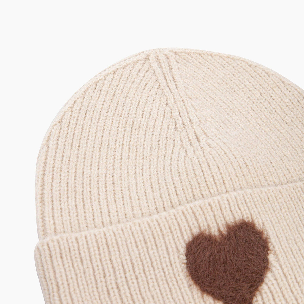 Fran Fluffy Heart Beanie Hat in Cream/Brown