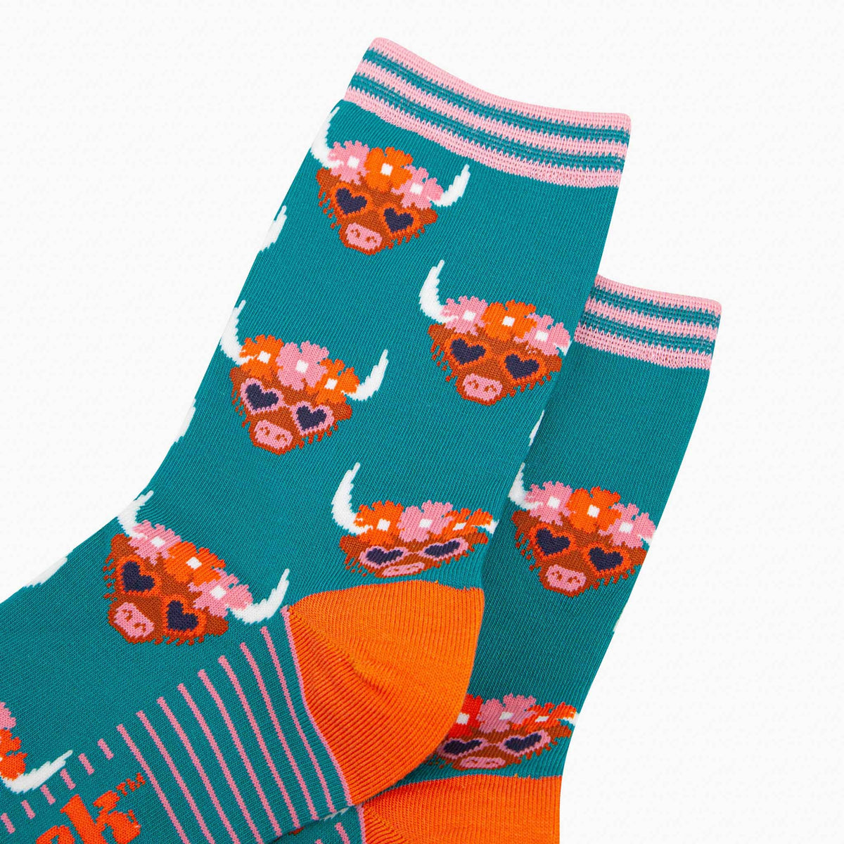 Floral Crown Highland Cow Bamboo Socks in Teal
