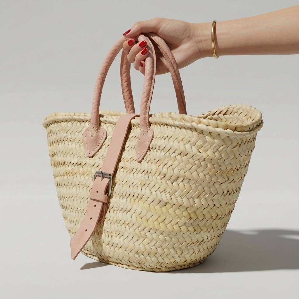 French Market Basket Leather Buckle Straw Bag