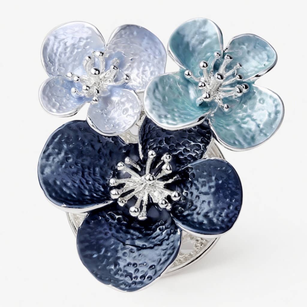 Magnetic Enamel Floral Brooch – Silver & Blue