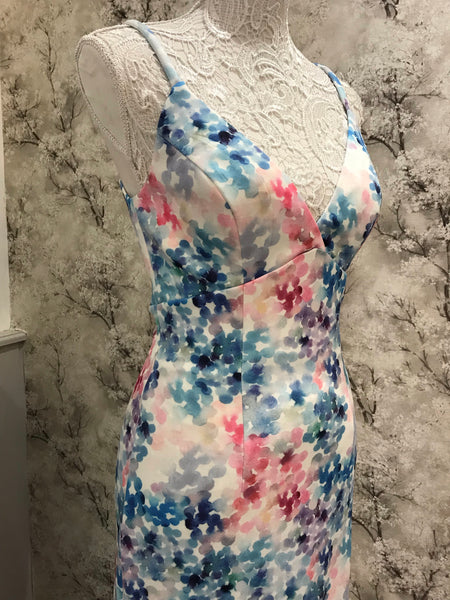 Peplum floral print body con midi dress