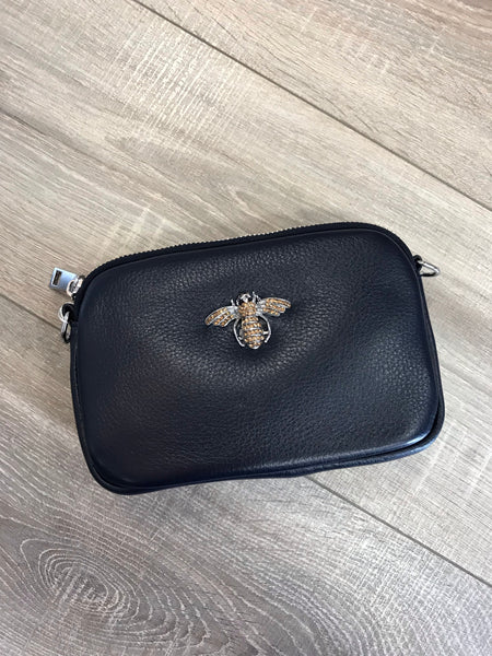 Real leather bag with diamanté bee